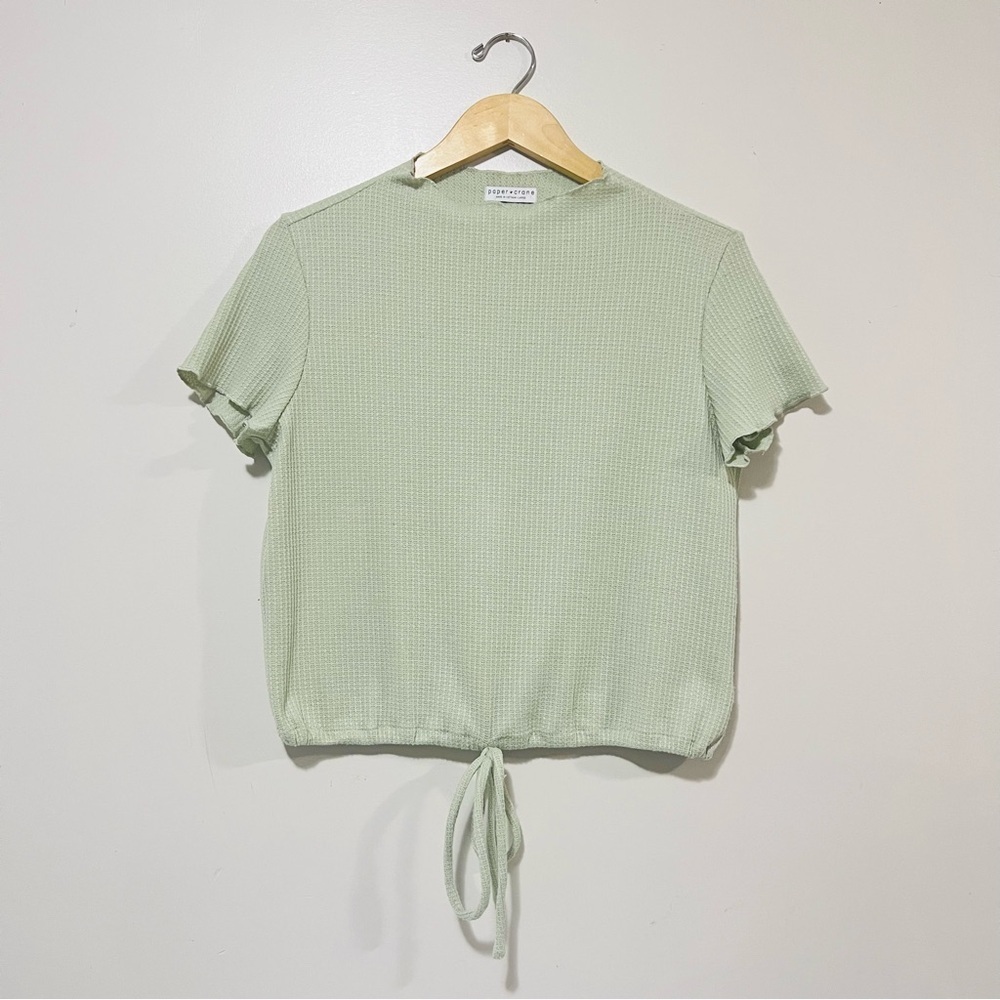Paper Crane Short Sleeve Top Light Green Large Cropped Waffle Knit Cottagecore